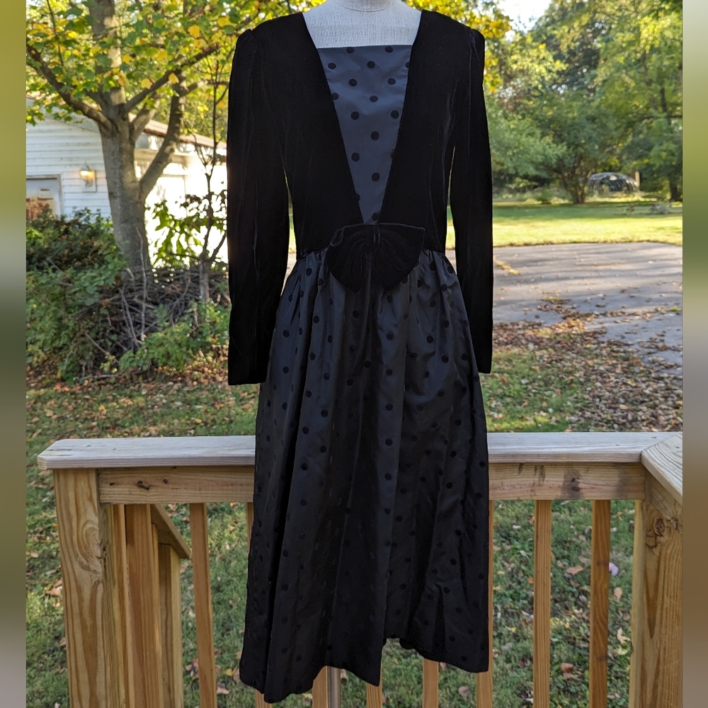 Vintage 80s Lanz Black Velvet Taffeta Polka Dot Dress